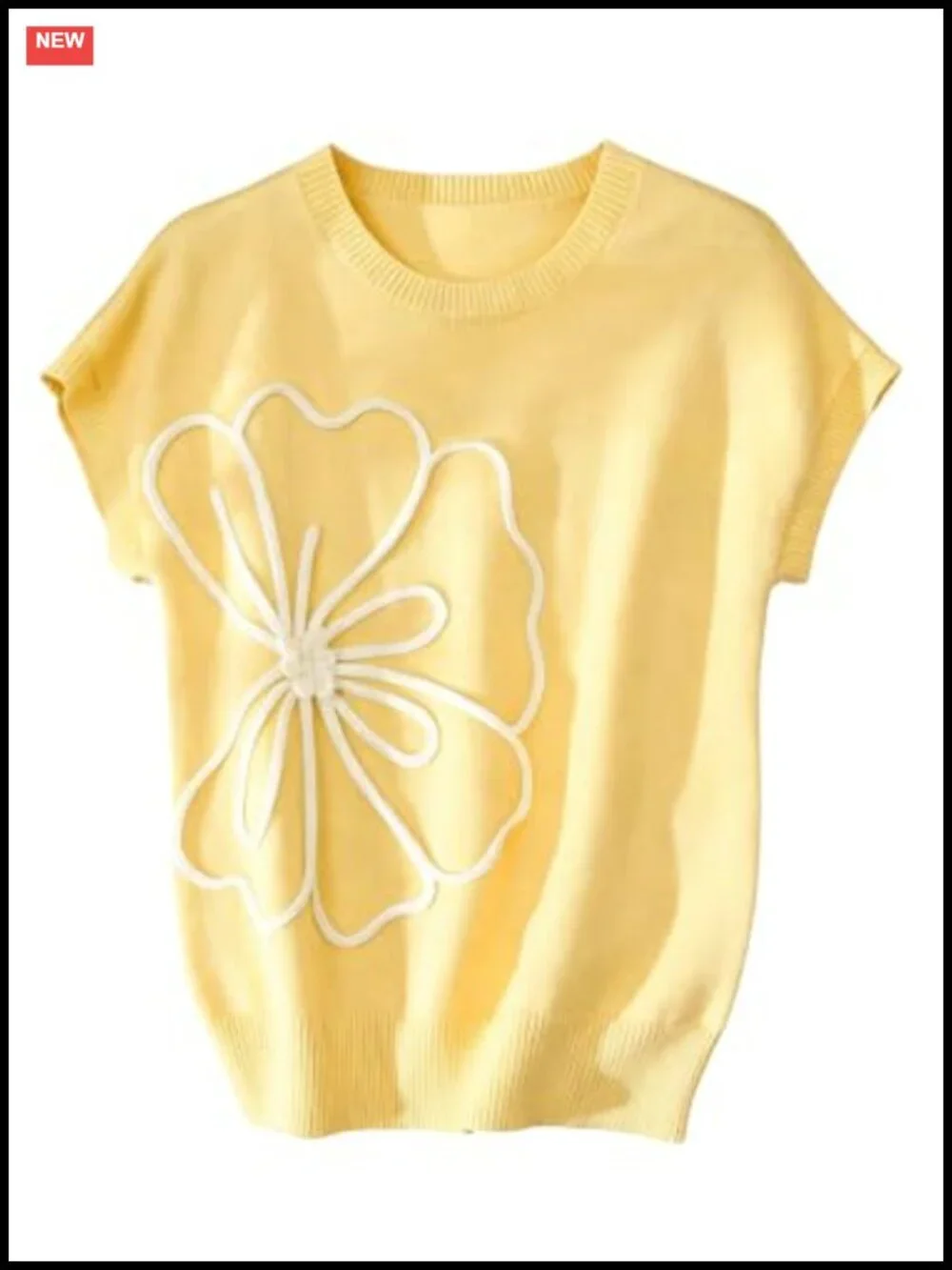 3D Floral Cap Sleeve Crew Neck Pullover Knit Sweater